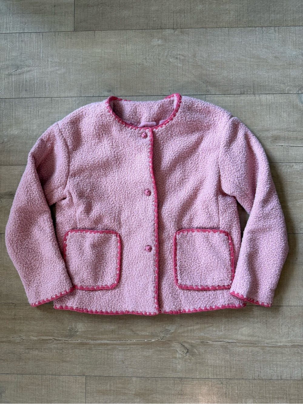 Pink Sherpa Boxy Coat Dark Pink blanket stitch Trim large frog closures cottage